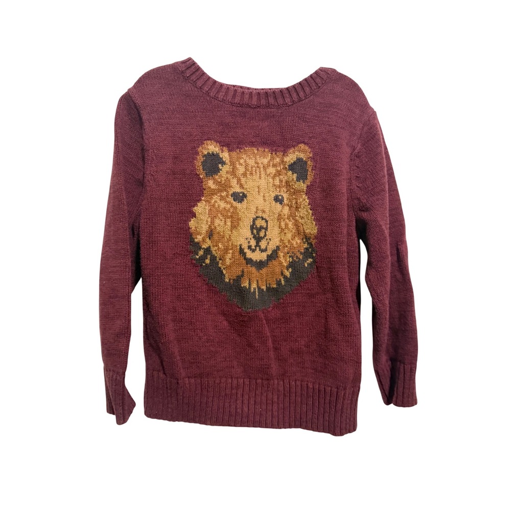 Old Navy Bear Graphic Sweater Toddler 3T Maroon Knit Pullover Cotton Long Sleeve